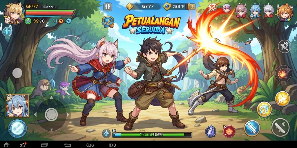 Screenshot gameplay GF777 menampilkan karakter menarik dalam pertarungan epic.